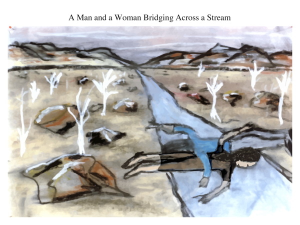 A Man and a Woman Bridging Across a Stream