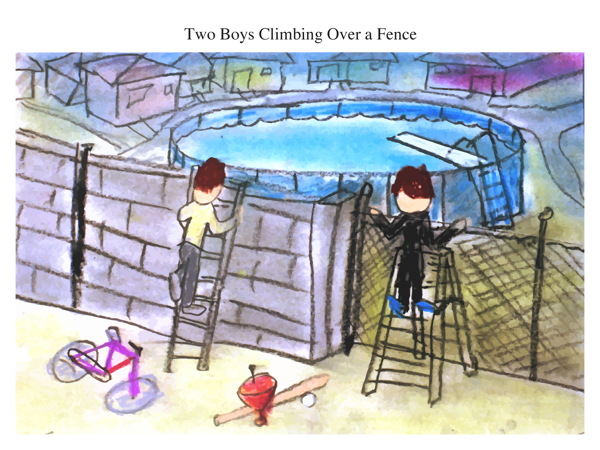 Two Boys Climbing Over a Fence