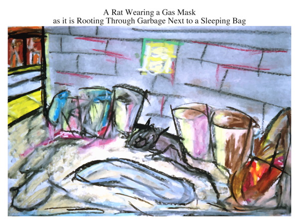 A Rat Wearing a Gas Mask as it is Rooting Through Garbage Next to a Sleeping Bag