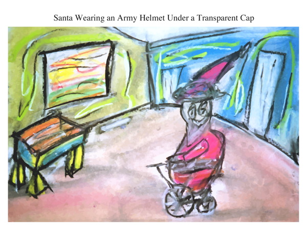 Santa Wearing an Army Helmet Under a Transparent Cap