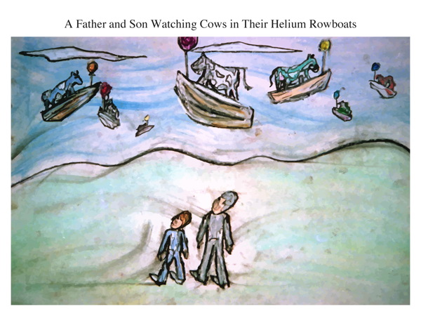 A Father and Son Watching Cows in Their Helium Rowboats