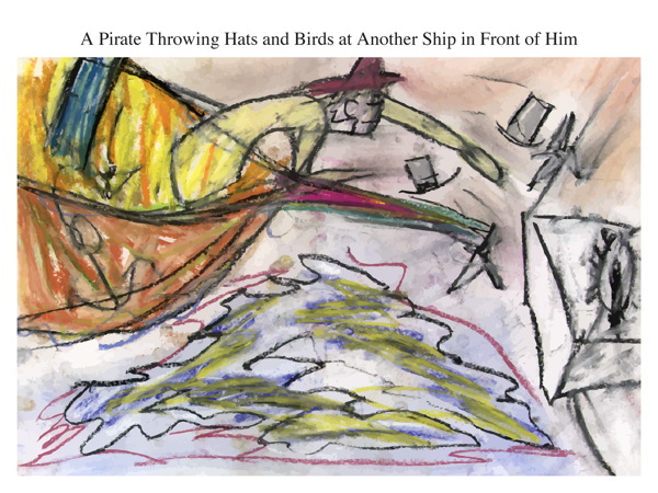 A Pirate Throwing Hats and Birds at Another Ship in Front of Him