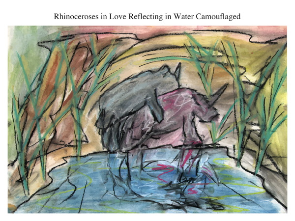 Rhinoceroses in Love Reflecting in Water Camouflaged