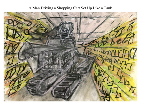 A Man Driving a Shopping Cart Set Up Like a Tank
