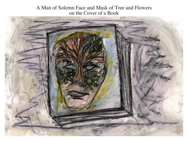 A Man of Solemn Face and Mask of Tree and Flowers on the Cover of a Book