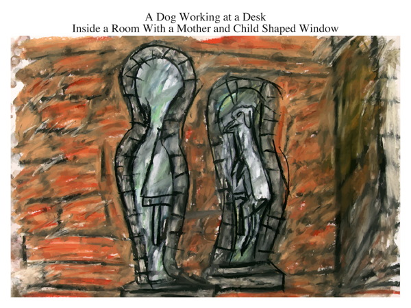A Dog Working at a Desk Inside a Room With a Mother and Child Shaped Window