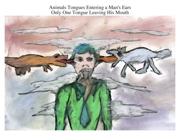 Animals Tongues Entering a Man's Ears Only One Tongue Leaving His Mouth