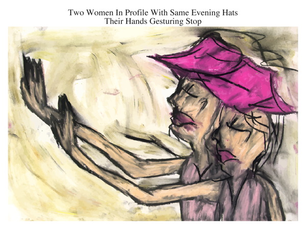 Two Women In Profile With Same Evening Hats Their Hands Gesturing Stop