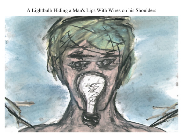 A Lightbulb Hiding a Man's Lips With Wires on his Shoulders