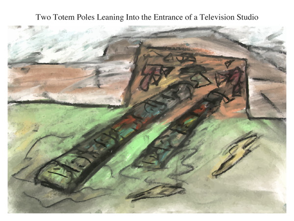 Two Totem Poles Leaning Into the Entrance of a Television Studio