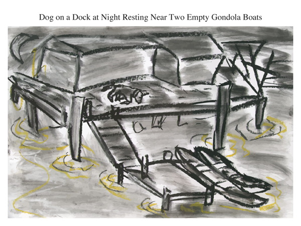Dog on a Dock at Night Resting Near Two Empty Gondola Boats