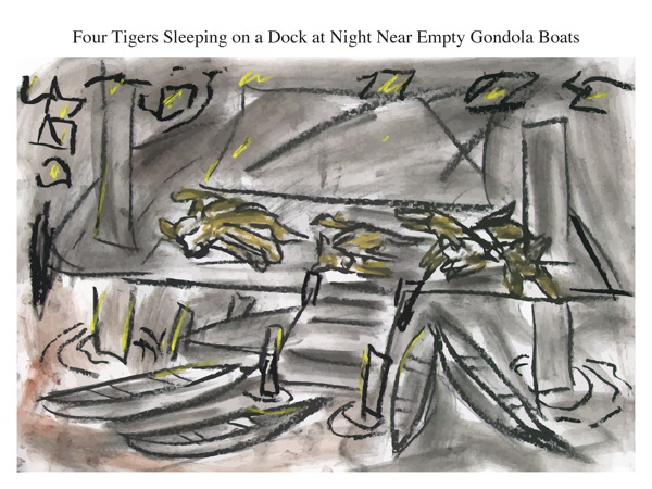 Four Tigers Sleeping on a Dock at Night Near Empty Gondola Boats