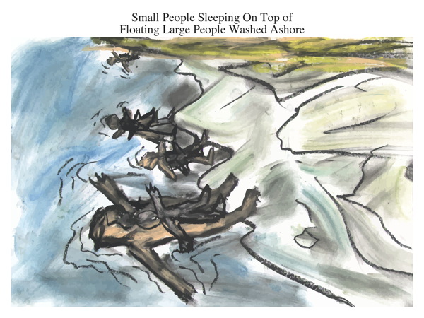 Small People Sleeping On Top of Floating Large People Washed Ashore