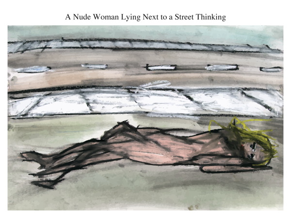 A Nude Woman Lying Next to a Street Thinking