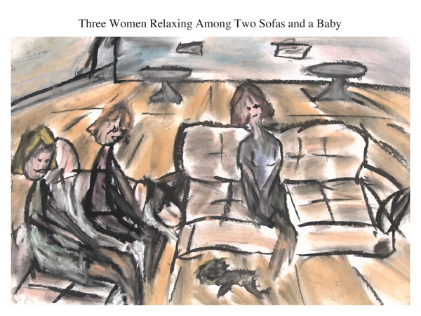 Three Women Relaxing Among Two Sofas and a Baby