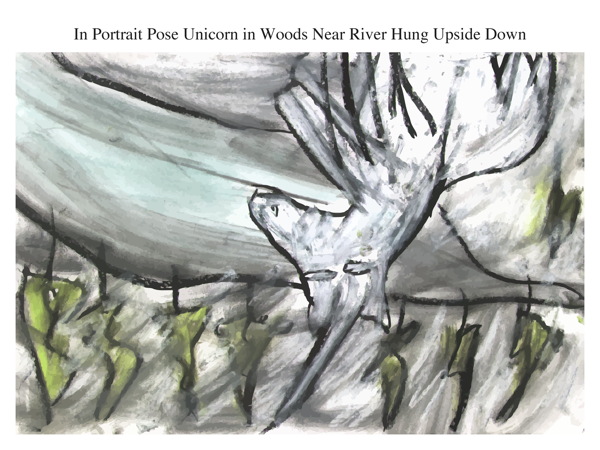 In Portrait Pose Unicorn in Woods Near River Hung Upside Down