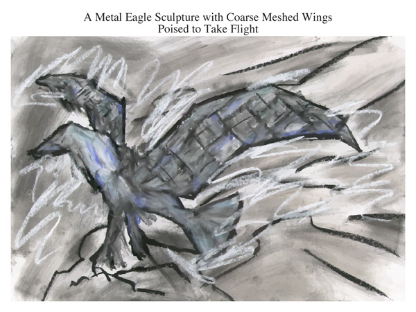 A Metal Eagle Sculpture with Coarse Meshed Wings Poised to Take Flight