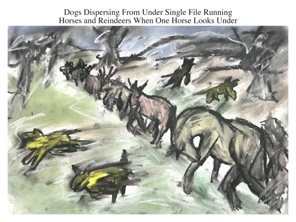 Dogs Dispersing From Under Single File Running Horses and Reindeers When One Horse Looks Under
