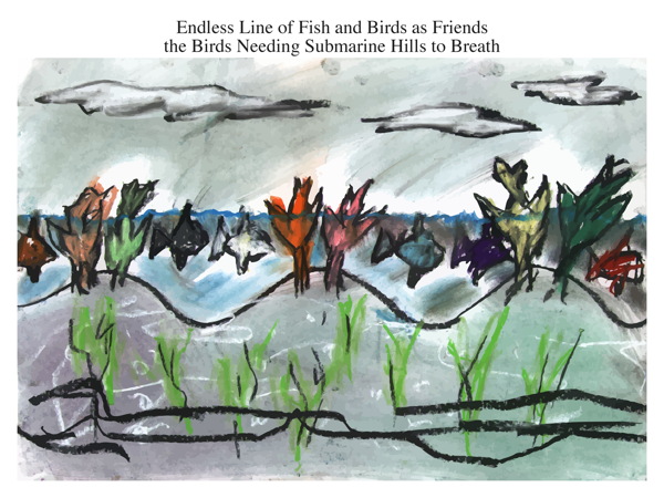 Endless Line of Fish and Birds as Friends the Birds Needing Submarine Hills to Breath