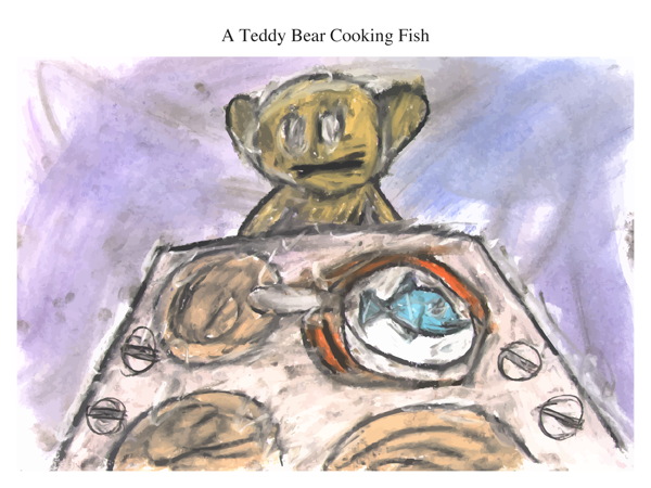 A Teddy Bear Cooking Fish