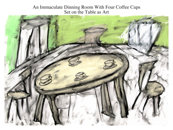 An Immaculate Dinning Room With Four Coffee Cups Set on the Table as Art