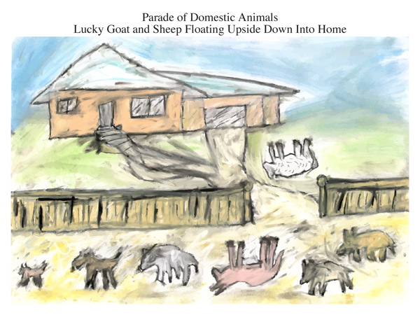 Parade of Domestic Animals Lucky Goat and Sheep Floating Upside Down Into Home
