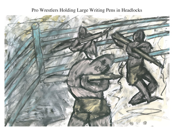 Pro Wrestlers Holding Large Writing Pens in Headlocks