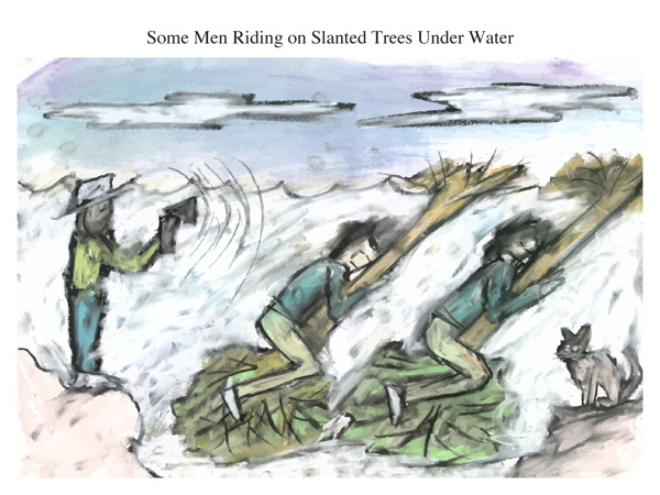 Some Men Riding on Slanted Trees Under Water