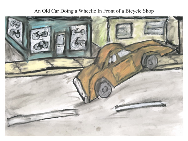 An Old Car Doing a Wheelie In Front of a Bicycle Shop