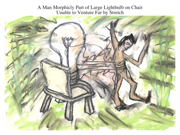 A Man Morphicly Part of Large Lightbulb on Chair Unable to Venture Far by Stretch