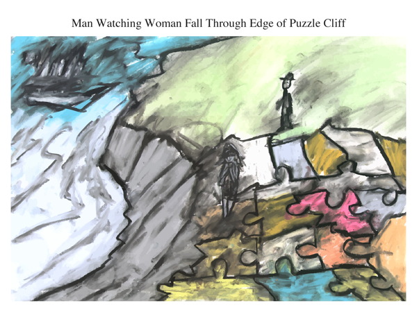 Man Watching Woman Fall Through Edge of Puzzle Cliff