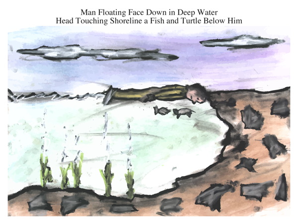 Man Floating Face Down in Deep Water Head Touching Shoreline a Fish and Turtle Below Him