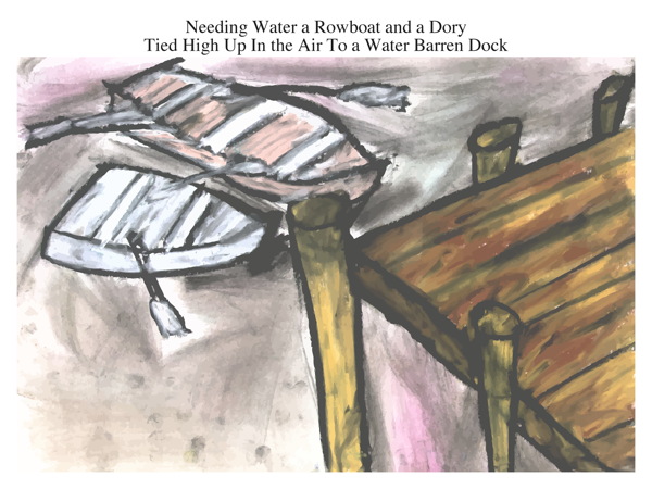 Needing Water a Rowboat and a Dory Tied High Up In the Air To a Water Barren Dock