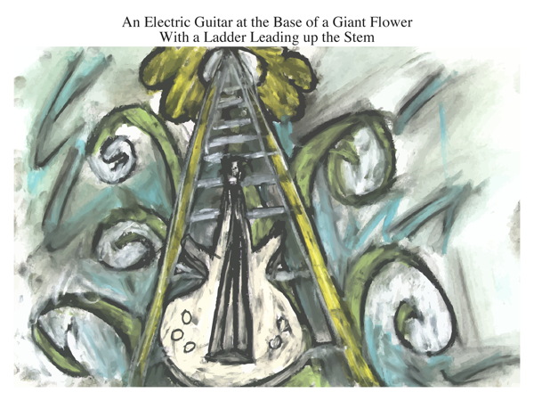 An Electric Guitar at the Base of a Giant Flower With a Ladder Leading up the Stem