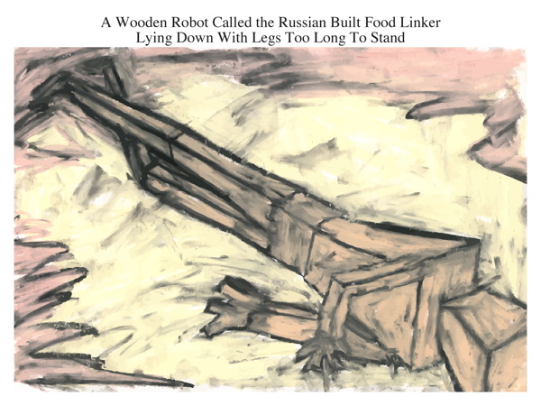 A Wooden Robot Called the Russian Built Food Linker Lying Down With Legs Too Long To Stand