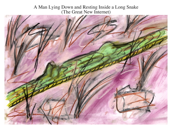 A Man Lying Down and Resting Inside a Long Snake (The Great New Internet)