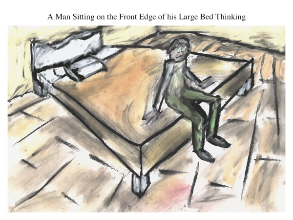 A Man Sitting on the Front Edge of his Large Bed Thinking