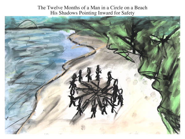 The Twelve Months of a Man in a Circle on a Beach His Shadows Pointing Inward for Safety