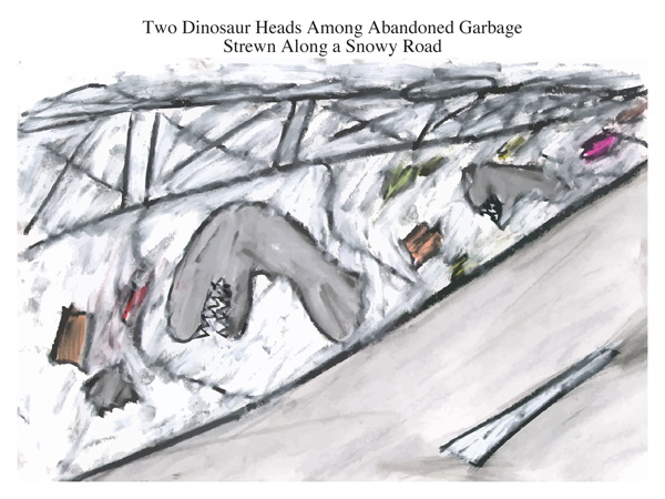 Two Dinosaur Heads Among Abandoned Garbage Strewn Along a Snowy Road