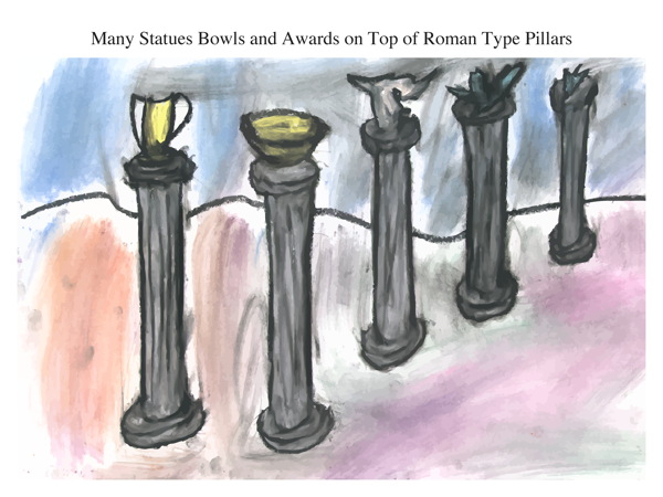 Many Statues Bowls and Awards on Top of Roman Type Pillars