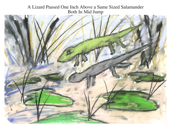A Lizard Paused One Inch Above a Same Sized Salamander Both In Mid Jump