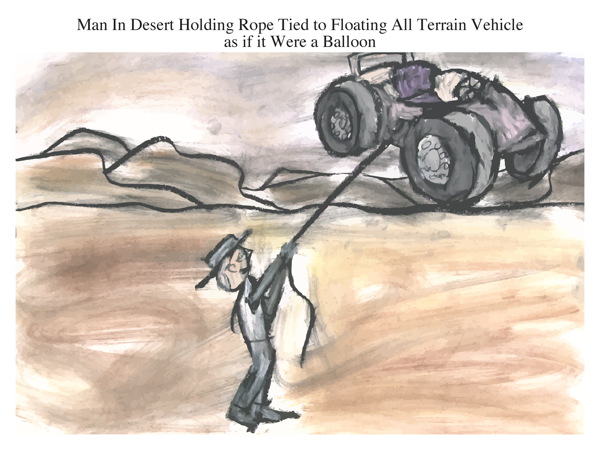 Man In Desert Holding Rope Tied to Floating All Terrain Vehicle as if it Were a Balloon
