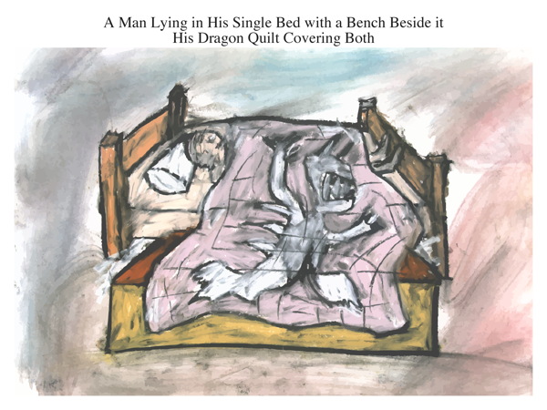 A Man Lying in His Single Bed with a Bench Beside it His Dragon Quilt Covering Both