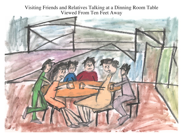 Visiting Friends and Relatives Talking at a Dinning Room Table Viewed From Ten Feet Away