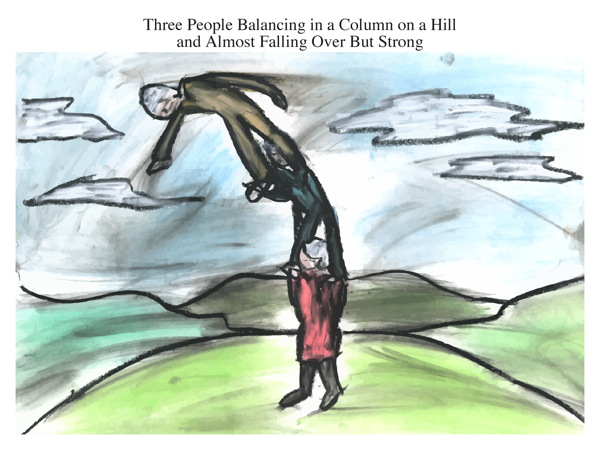 Three People Balancing in a Column on a Hill and Almost Falling Over But Strong