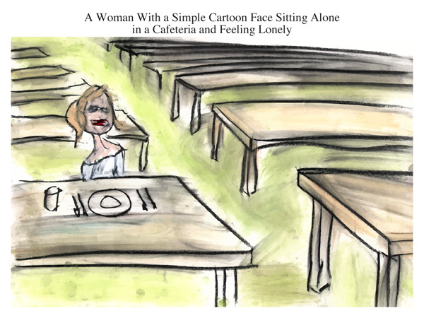 A Woman With a Simple Cartoon Face Sitting Alone in a Cafeteria and Feeling Lonely