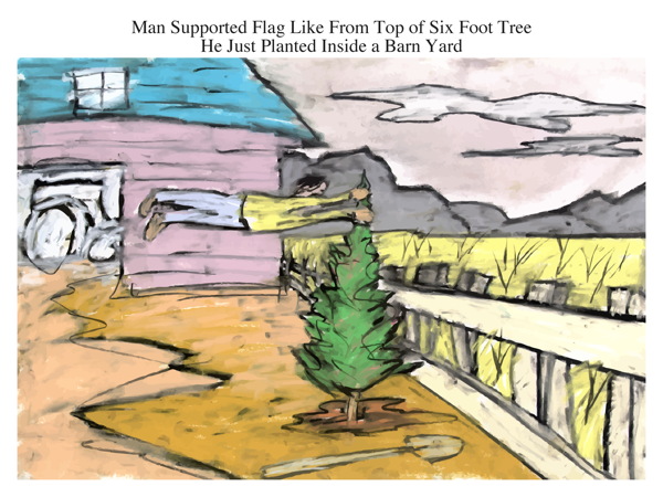 Man Supported Flag Like From Top of Six Foot Tree He Just Planted Inside a Barn Yard