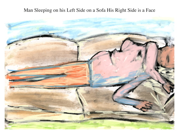 Man Sleeping on his Left Side on a Sofa His Right Side is a Face