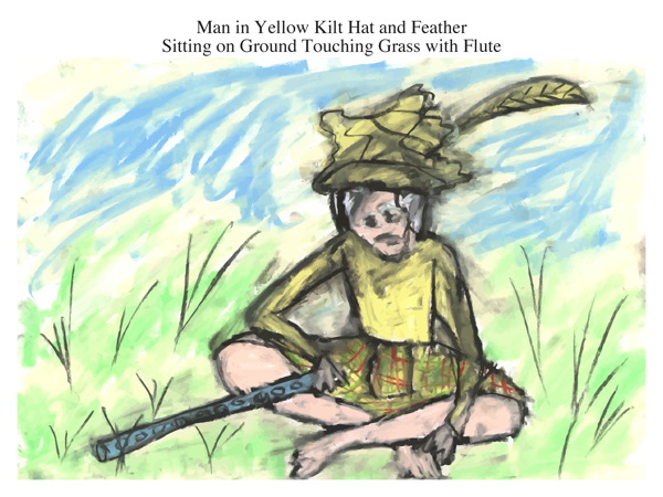 Man in Yellow Kilt Hat and Feather Sitting on Ground Touching Grass with Flute