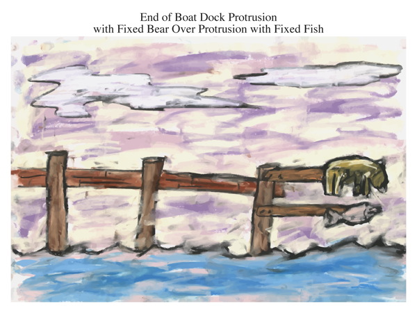 End of Boat Dock Protrusion with Fixed Bear Over Protrusion with Fixed Fish